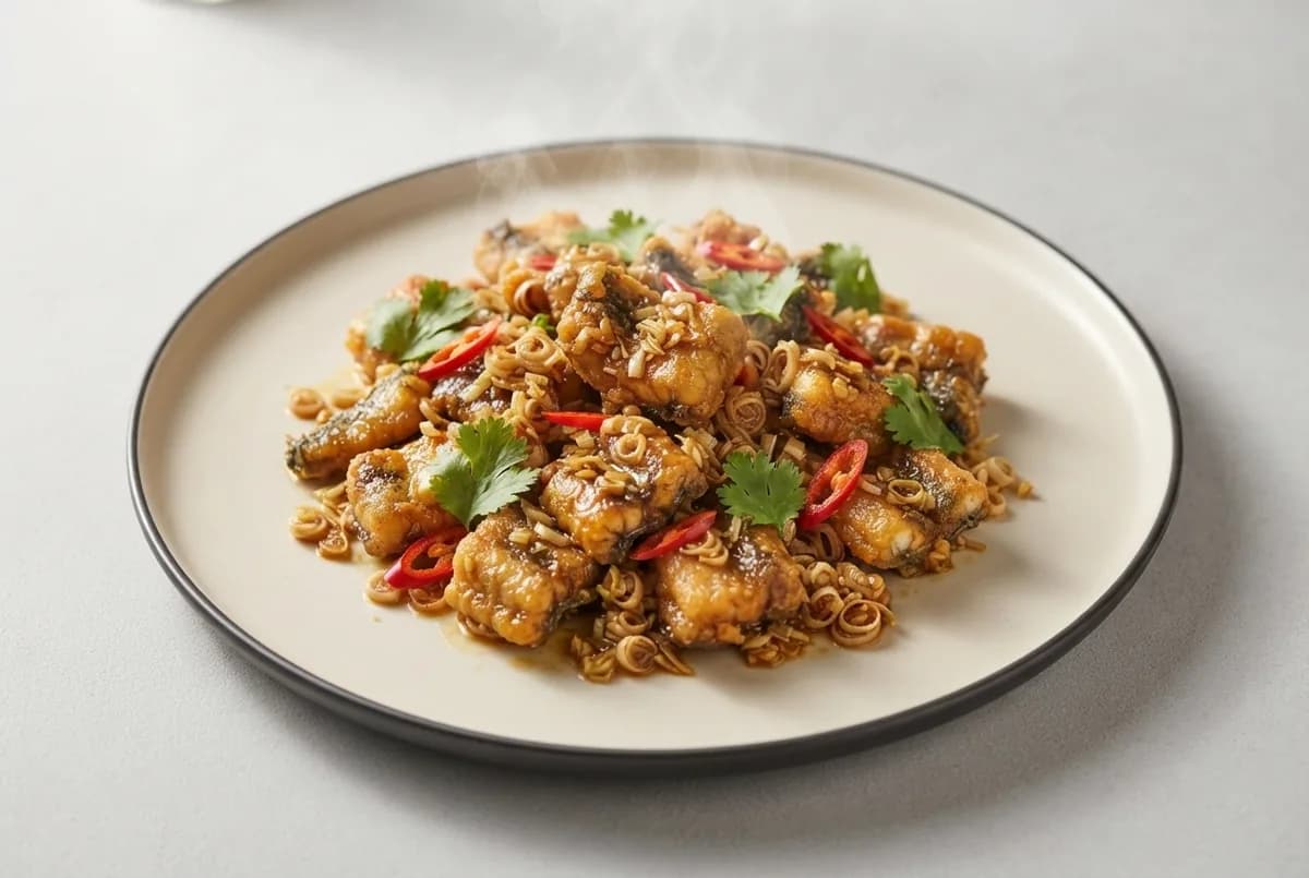 Smažený úhoř s citronovou trávou a chilli